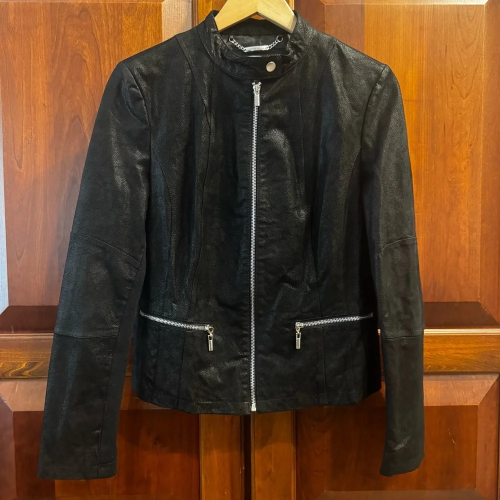 Wilsons Leather Women’s Black Moto Jacket Silver Zippers Medium